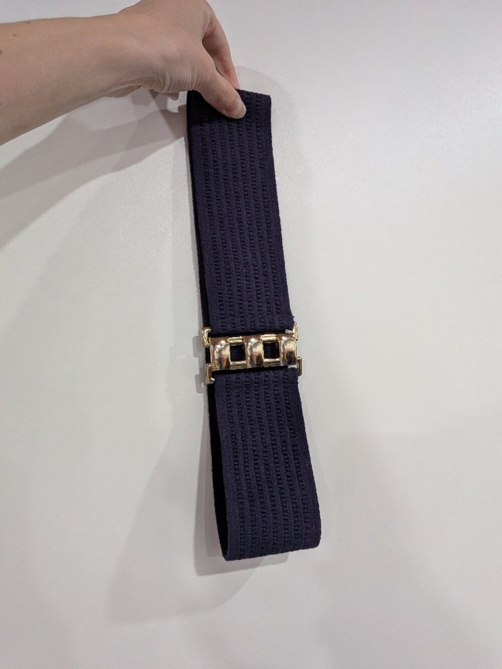 Wide Elastic Belt with Gold Buckle Navy Blue VINTAGE